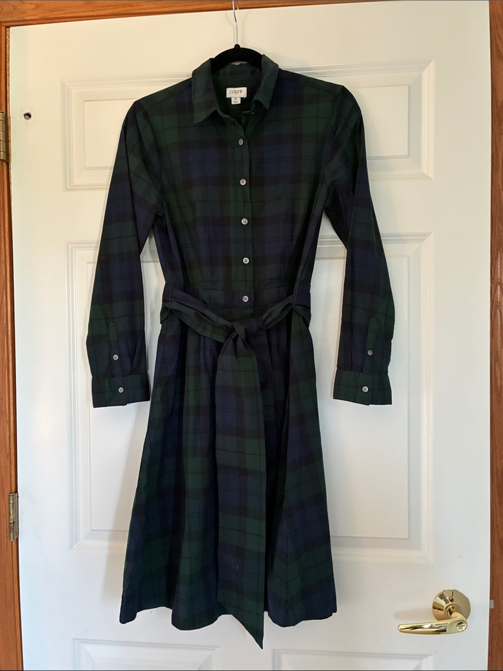 J. Crew Navy & Green Plaid Button-Front Shirt Dress with Waist Tie (S)